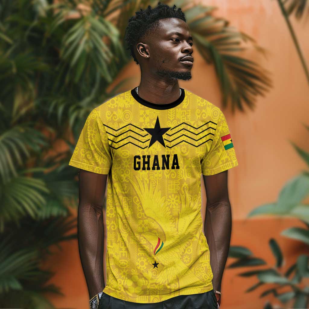 Custom World Football 2026 Ghana T shirt Black Stars Rise with Yellow Adinkra Pattern