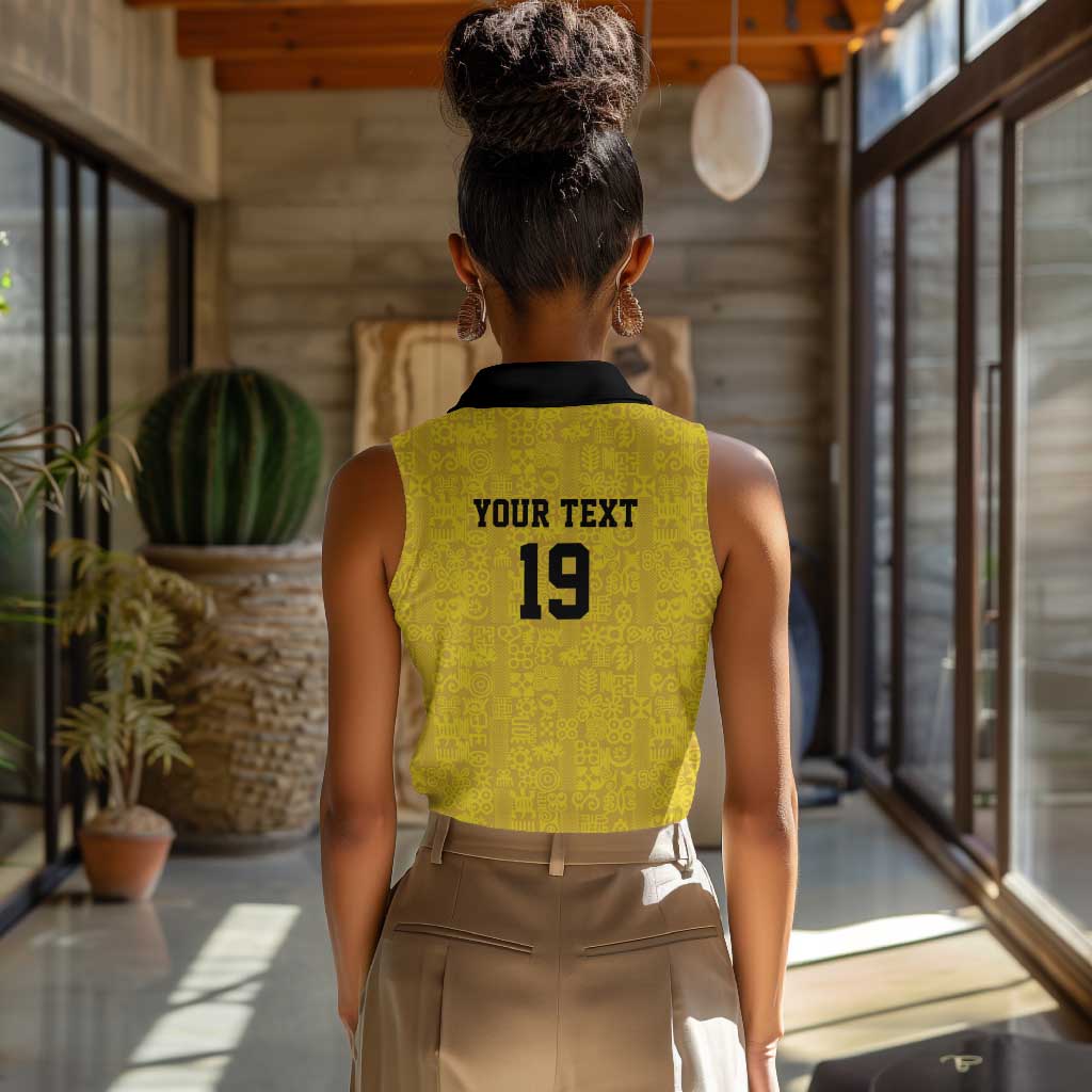 Custom World Football 2026 Ghana Women Sleeveless Polo Shirt Black Stars Rise with Yellow Adinkra Pattern