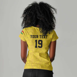 Custom World Football 2026 Ghana Women V-Neck T-Shirt Black Stars Rise with Yellow Adinkra Pattern