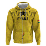 Custom World Football 2026 Ghana Zip Hoodie Black Stars Rise with Yellow Adinkra Pattern