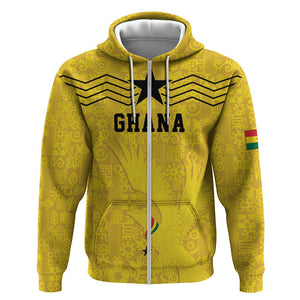 Custom World Football 2026 Ghana Zip Hoodie Black Stars Rise with Yellow Adinkra Pattern