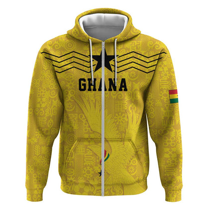 Custom World Football 2026 Ghana Zip Hoodie Black Stars Rise with Yellow Adinkra Pattern