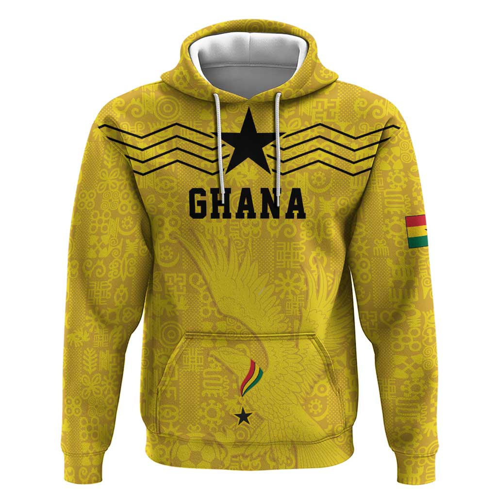 Custom World Football 2026 Ghana Zip Hoodie Black Stars Rise with Yellow Adinkra Pattern