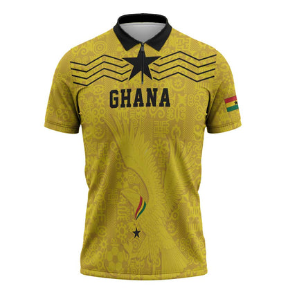 Custom World Football 2026 Ghana Zipper Polo Shirt Black Stars Rise with Yellow Adinkra Pattern