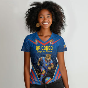 Custom World Football 2026 DR Congo Women V-Neck T-Shirt Les Leopards Coupe du Monde Glory