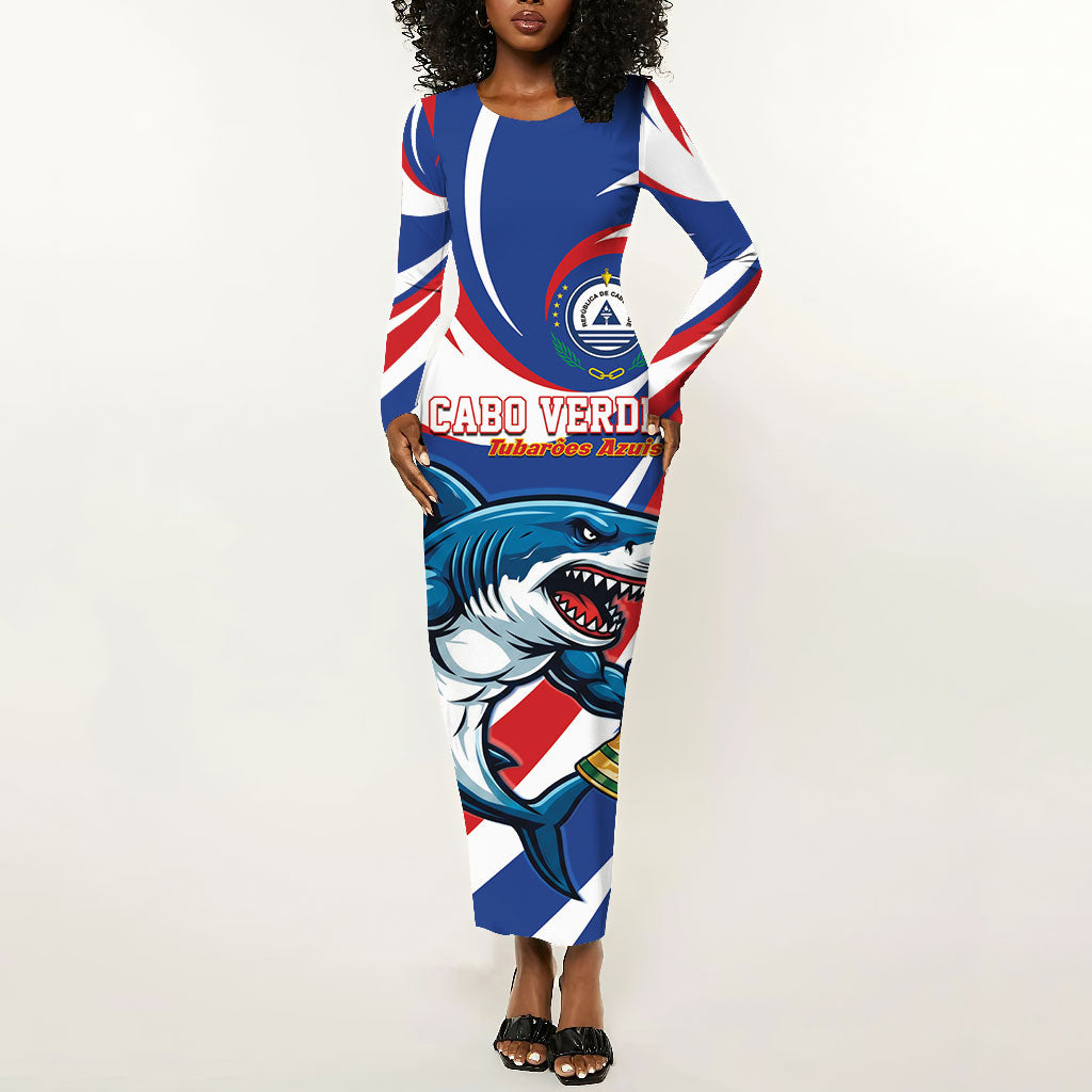 Custom World Football 2026 Cabo Verde Long Sleeve Bodycon Dress Blue Shark Champions Trophy