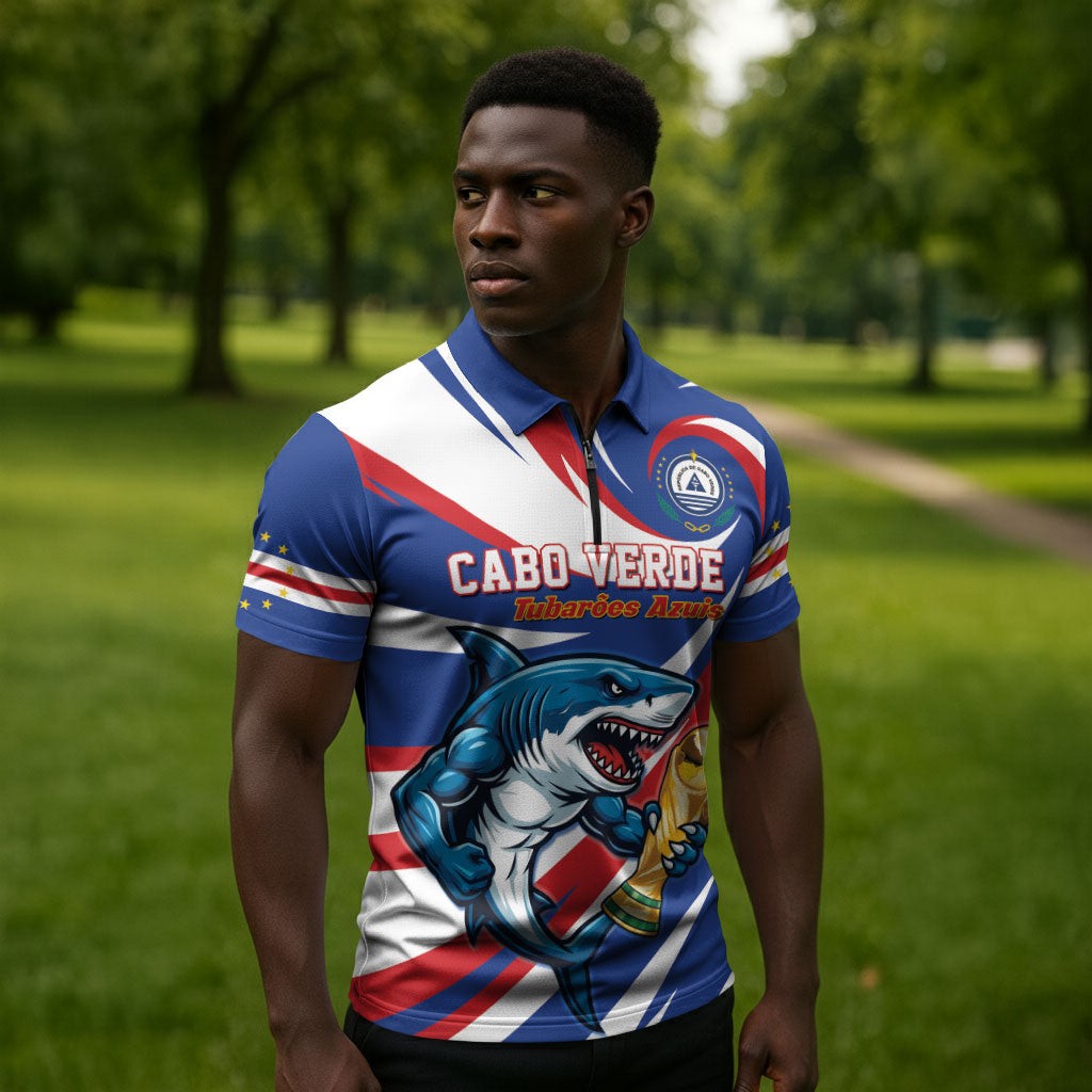 Custom World Football 2026 Cabo Verde Zipper Polo Shirt Blue Shark Champions Trophy