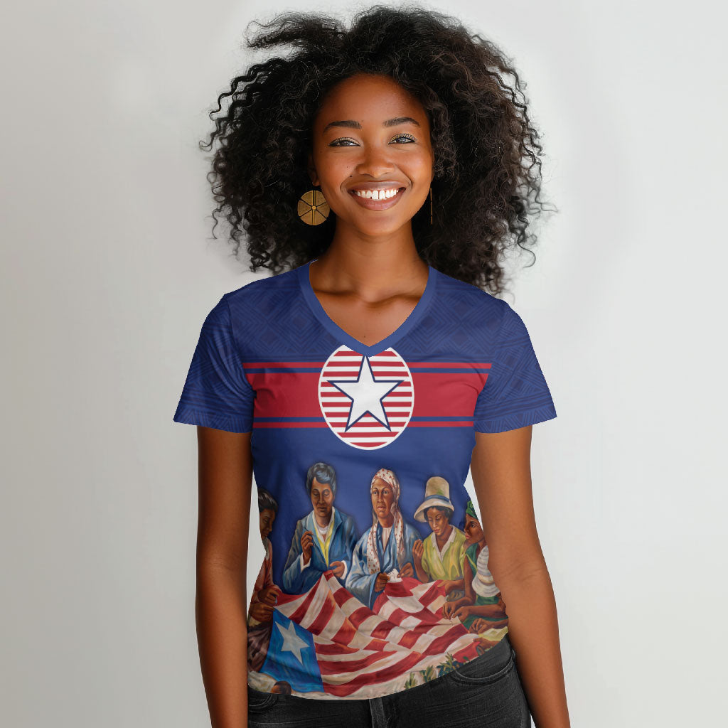Liberia Flag Day Women V-Neck T-Shirt Lone Star Heritage Pride