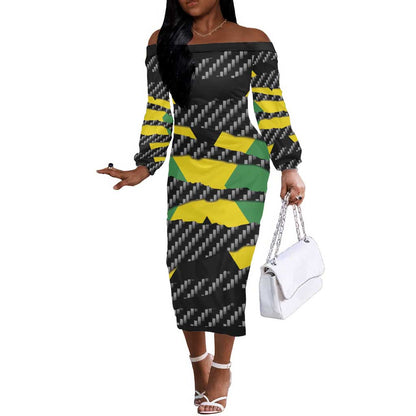 Black Jamaicans Jamaica Beast Off The Shoulder Long Sleeve Dress Ripped Flag Graphic - African Pride