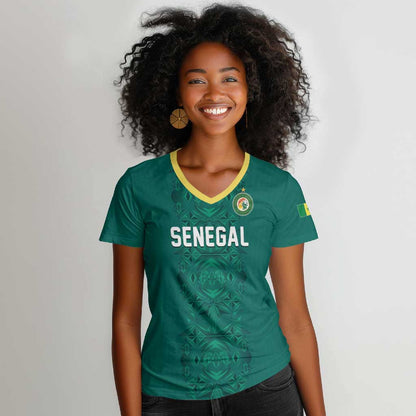 Custom World Football 2026 Senegal Women V-Neck T-Shirt Pride of the African Lions