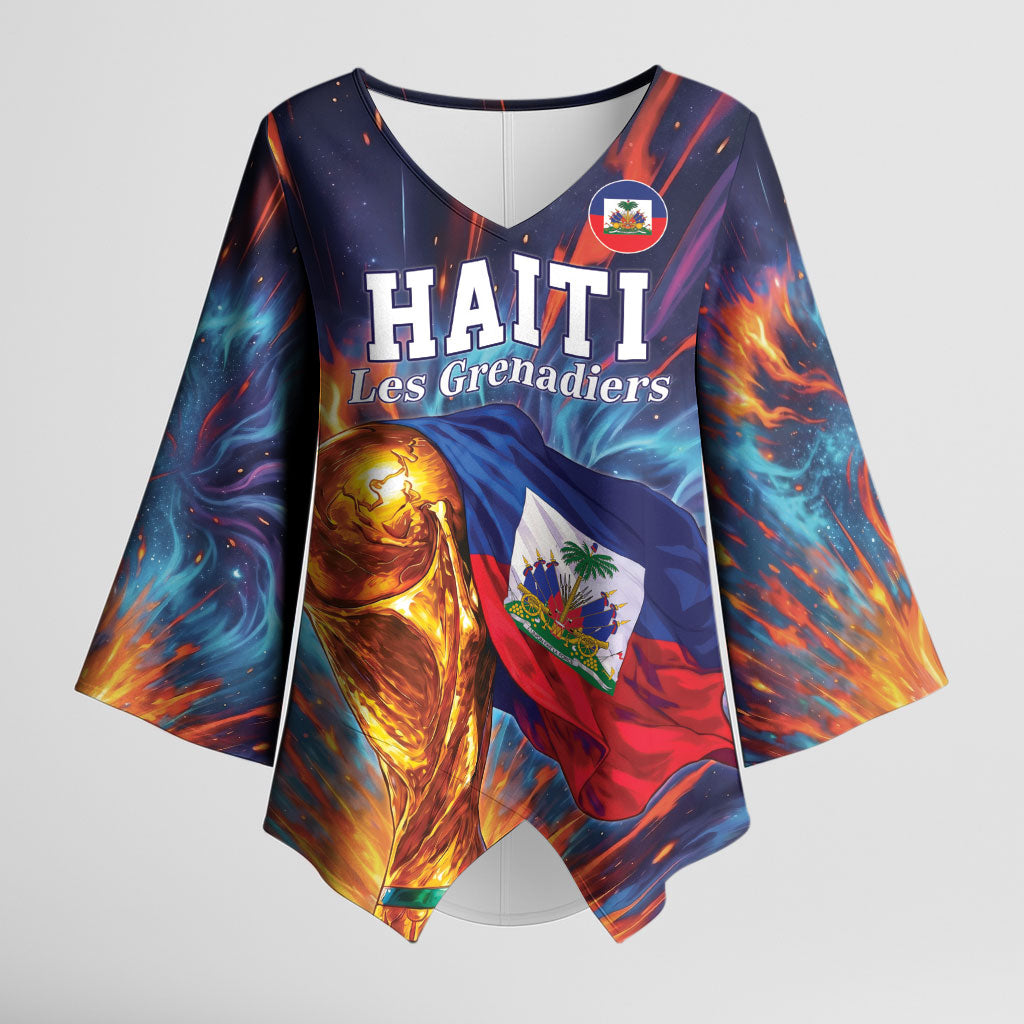 Personalized World Football 2026 Afro Haiti Kimono Sleeve Blouse Les Grenadiers Trophy Flag Art