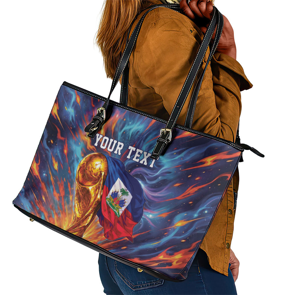 Personalized World Football 2026 Afro Haiti Leather Tote Bag Les Grenadiers Trophy Flag Art