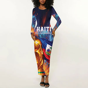 Personalized World Football 2026 Afro Haiti Long Sleeve Bodycon Dress Les Grenadiers Trophy Flag Art