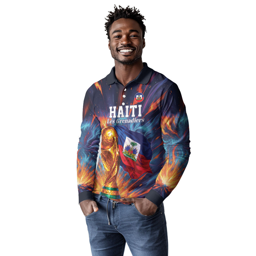 Personalized World Football 2026 Afro Haiti Long Sleeve Polo Shirt Les Grenadiers Trophy Flag Art