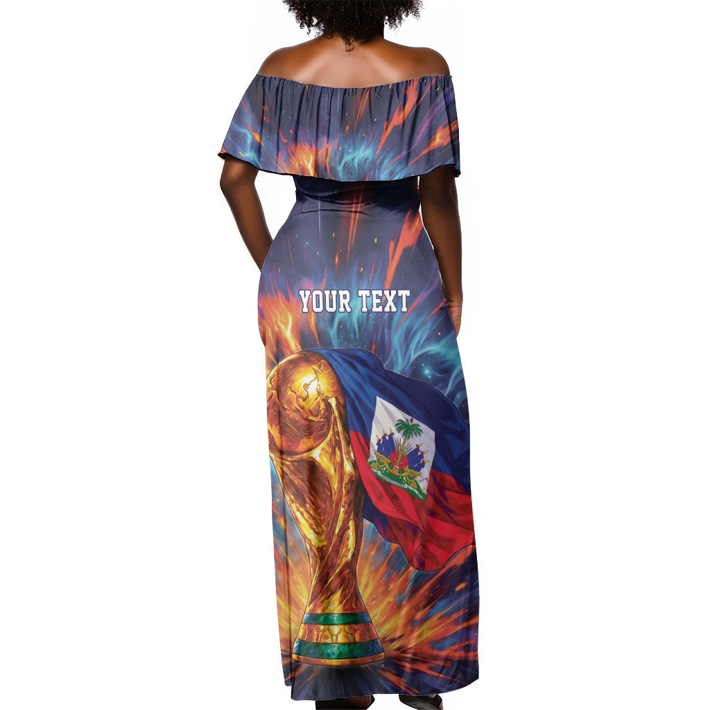 Personalized World Football 2026 Afro Haiti Off Shoulder Maxi Dress Les Grenadiers Trophy Flag Art