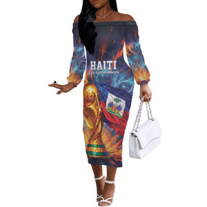 Personalized World Football 2026 Afro Haiti Off The Shoulder Long Sleeve Dress Les Grenadiers Trophy Flag Art