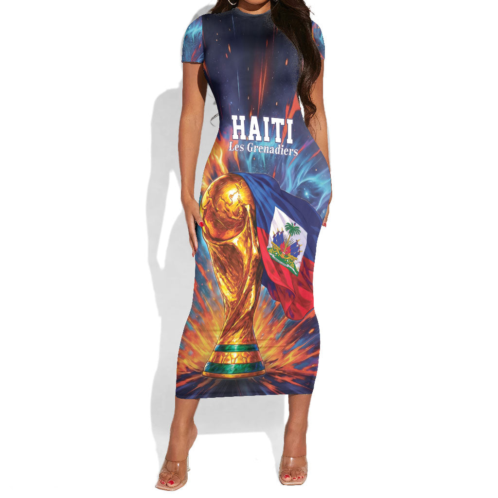 Personalized World Football 2026 Afro Haiti Short Sleeve Bodycon Dress Les Grenadiers Trophy Flag Art