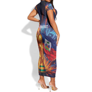 Personalized World Football 2026 Afro Haiti Short Sleeve Bodycon Dress Les Grenadiers Trophy Flag Art