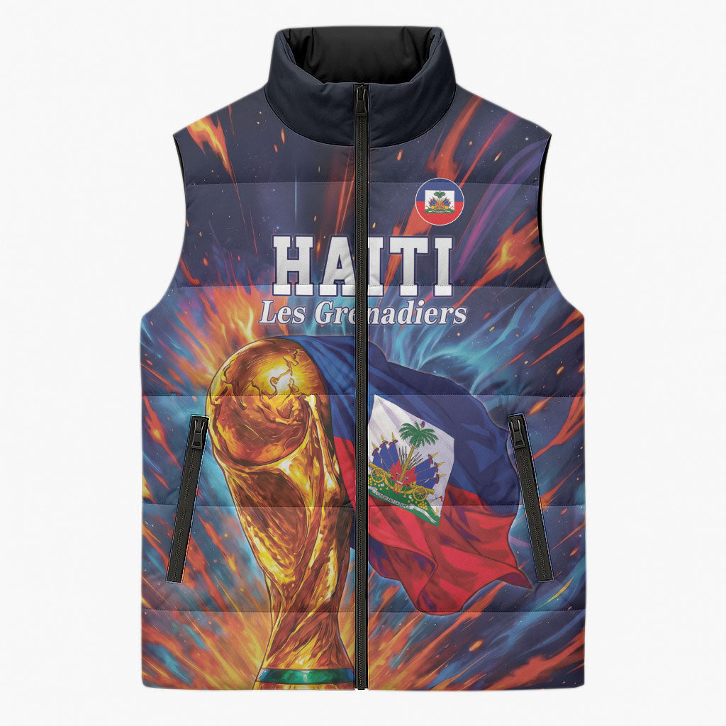 Personalized World Football 2026 Afro Haiti Sleeveless Puffer Jacket Les Grenadiers Trophy Flag Art
