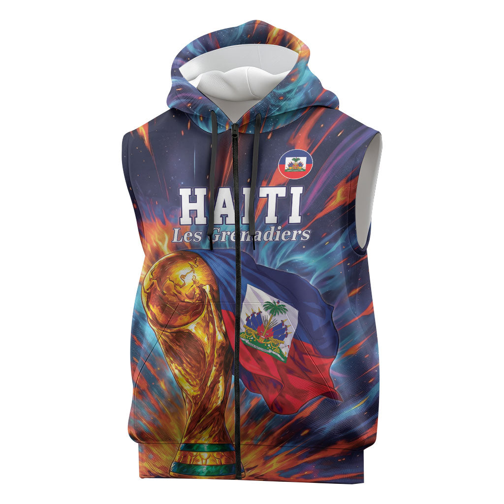 Personalized World Football 2026 Afro Haiti Sleeveless Zip Hoodie Les Grenadiers Trophy Flag Art