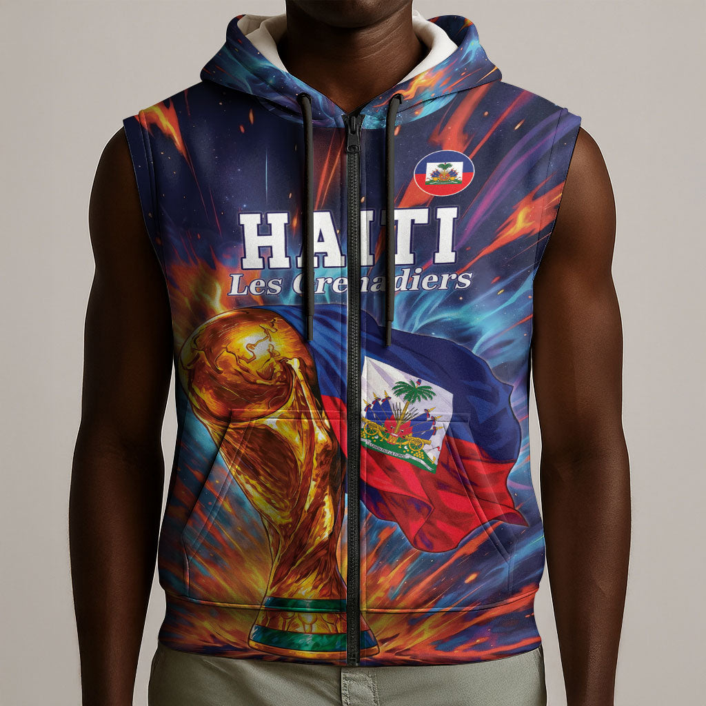 Personalized World Football 2026 Afro Haiti Sleeveless Zip Hoodie Les Grenadiers Trophy Flag Art
