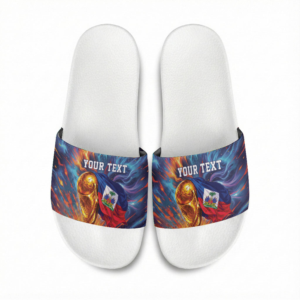 Personalized World Football 2026 Afro Haiti Slide Sandals Les Grenadiers Trophy Flag Art