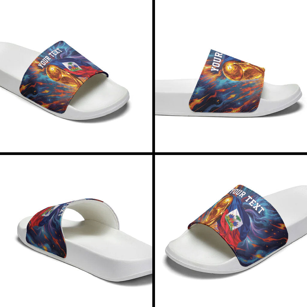 Personalized World Football 2026 Afro Haiti Slide Sandals Les Grenadiers Trophy Flag Art