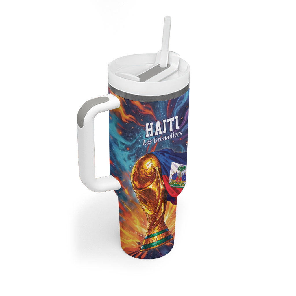 Personalized World Football 2026 Afro Haiti Tumbler With Handle Les Grenadiers Trophy Flag Art