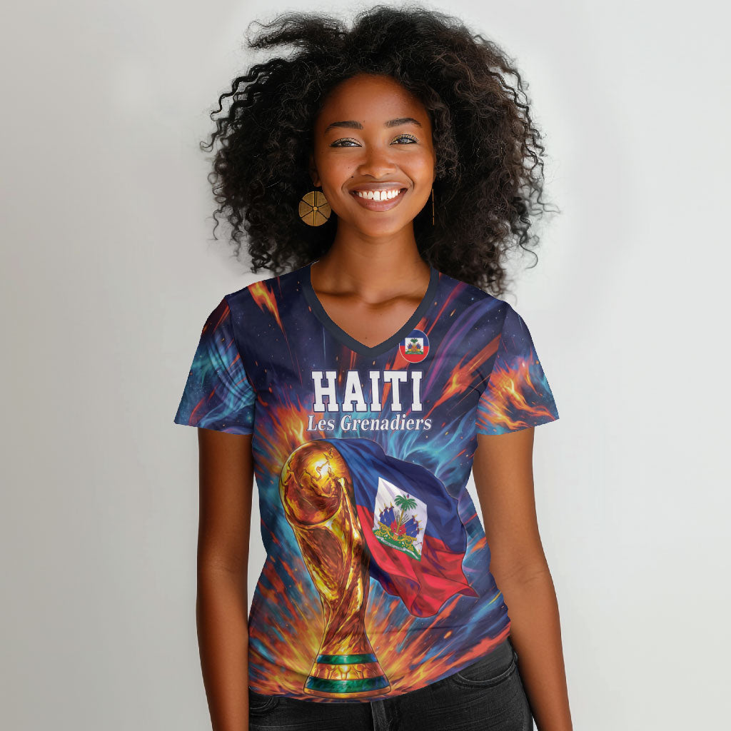 Personalized World Football 2026 Afro Haiti Women V-Neck T-Shirt Les Grenadiers Trophy Flag Art