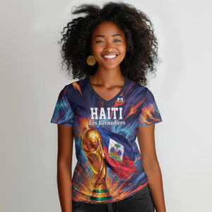Personalized World Football 2026 Afro Haiti Women V-Neck T-Shirt Les Grenadiers Trophy Flag Art