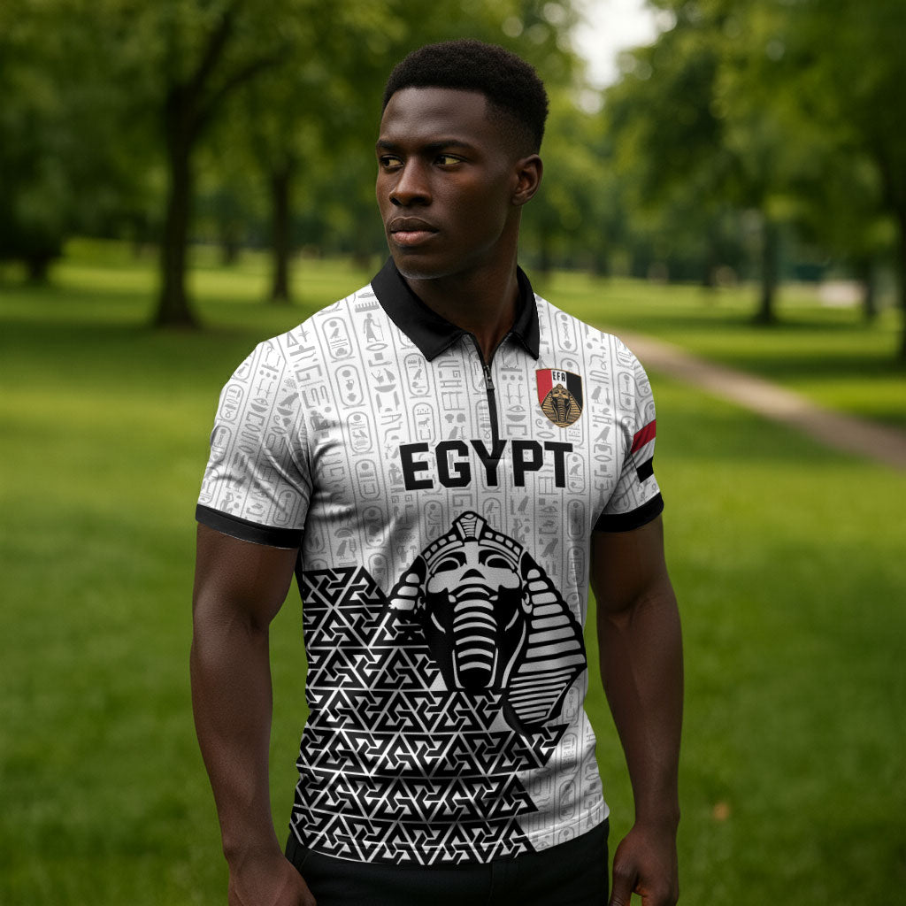 Custom World Football 2026 Egypt Zipper Polo Shirt Pharaohs Hieroglyphs Pride White Version