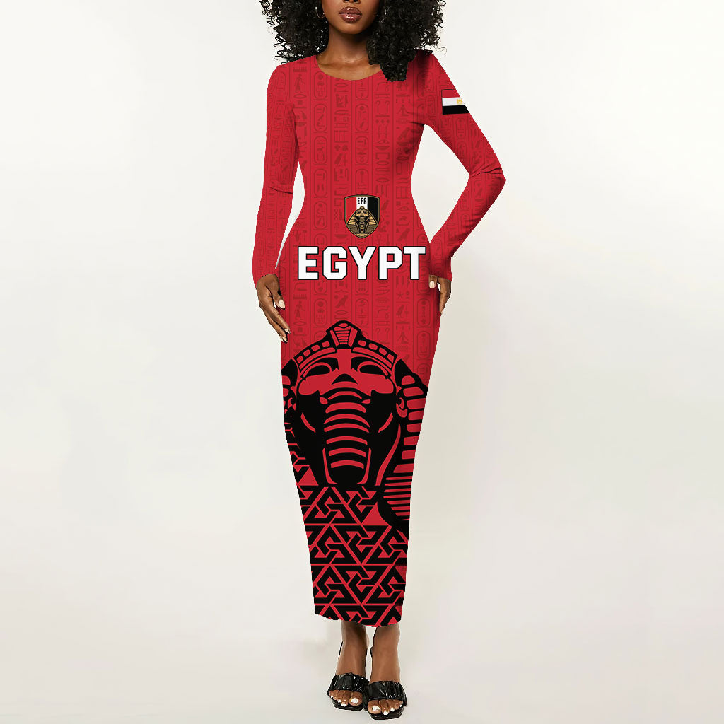 Custom World Football 2026 Egypt Long Sleeve Bodycon Dress Pharaohs Hieroglyphs Pride Red Version