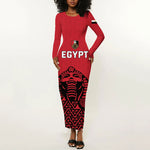 Custom World Football 2026 Egypt Long Sleeve Bodycon Dress Pharaohs Hieroglyphs Pride Red Version
