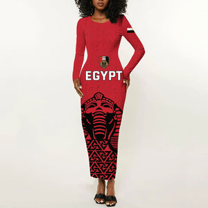 Custom World Football 2026 Egypt Long Sleeve Bodycon Dress Pharaohs Hieroglyphs Pride Red Version