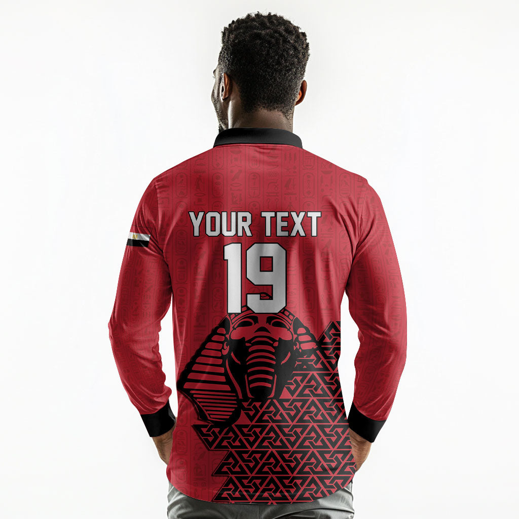 Custom World Football 2026 Egypt Long Sleeve Polo Shirt Pharaohs Hieroglyphs Pride Red Version