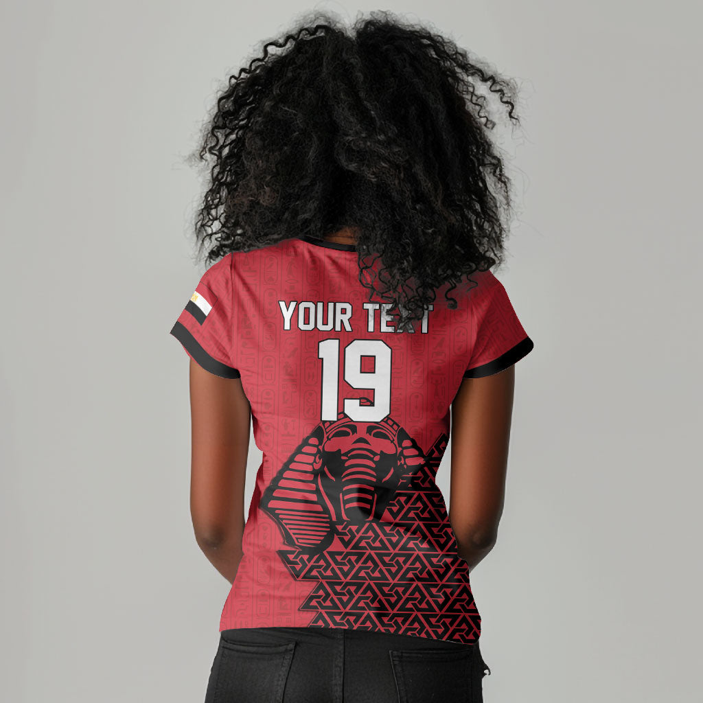 Custom World Football 2026 Egypt Women V-Neck T-Shirt Pharaohs Hieroglyphs Pride Red Version