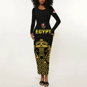 Custom World Football 2026 Egypt Long Sleeve Bodycon Dress Pharaohs Hieroglyphs Pride Black Version