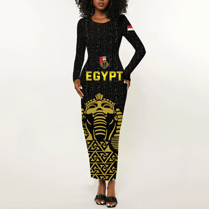 Custom World Football 2026 Egypt Long Sleeve Bodycon Dress Pharaohs Hieroglyphs Pride Black Version