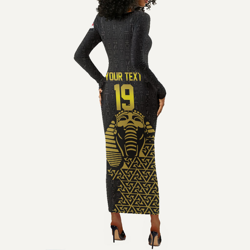 Custom World Football 2026 Egypt Long Sleeve Bodycon Dress Pharaohs Hieroglyphs Pride Black Version