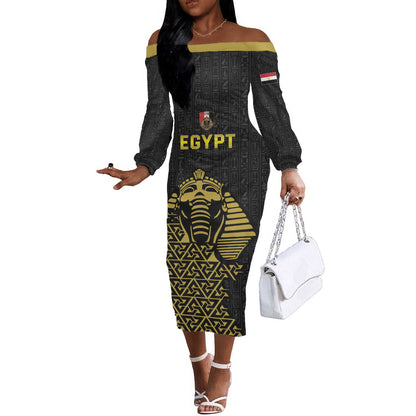 Custom World Football 2026 Egypt Off The Shoulder Long Sleeve Dress Pharaohs Hieroglyphs Pride Black Version