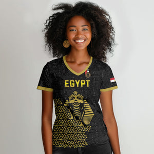 Custom World Football 2026 Egypt Women V-Neck T-Shirt Pharaohs Hieroglyphs Pride Black Version