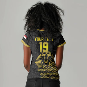 Custom World Football 2026 Egypt Women V-Neck T-Shirt Pharaohs Hieroglyphs Pride Black Version