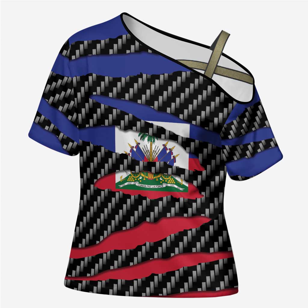 Black Haitians Beast Cross Shoulder Shirt Ripped Flag Graphic