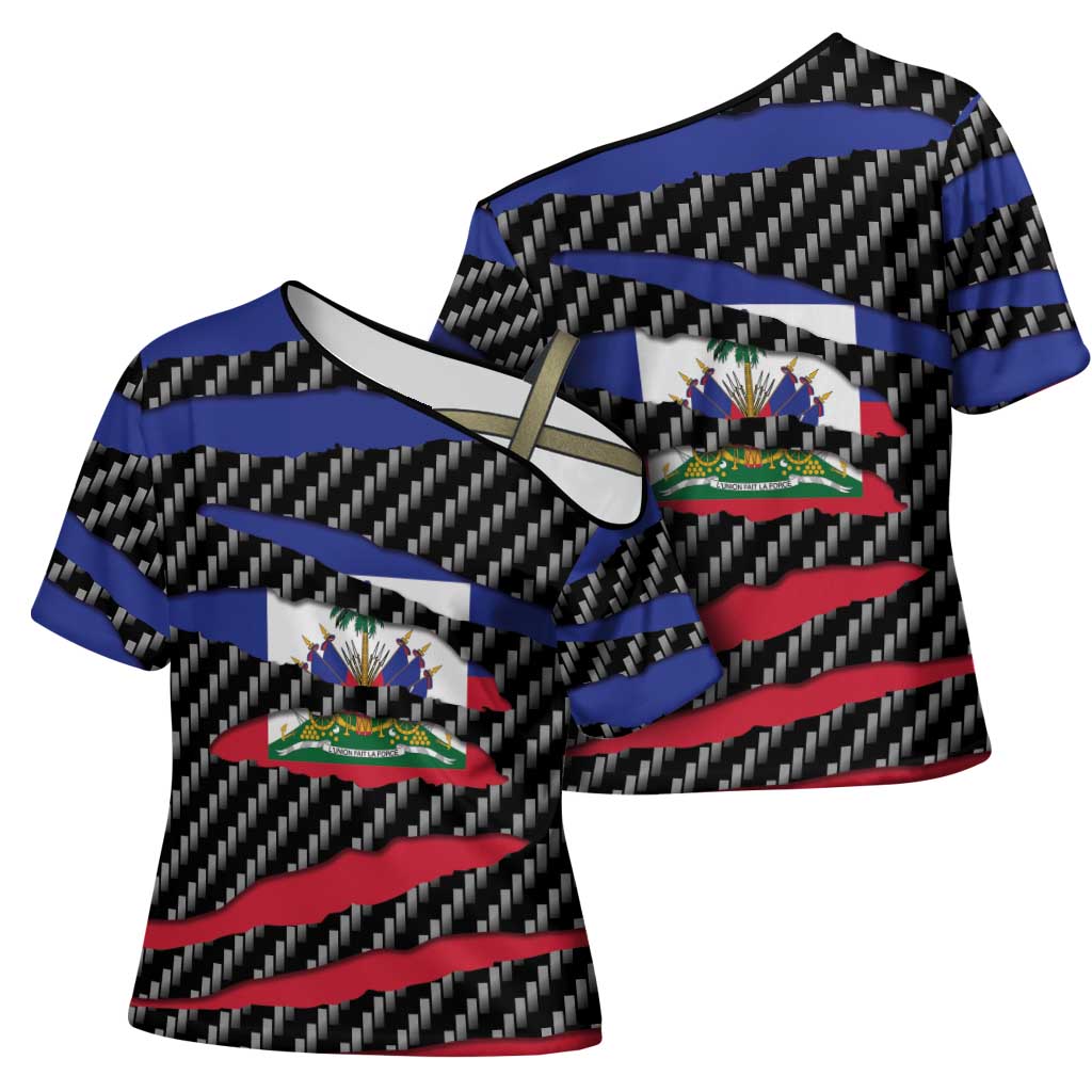 Black Haitians Beast Cross Shoulder Shirt Ripped Flag Graphic