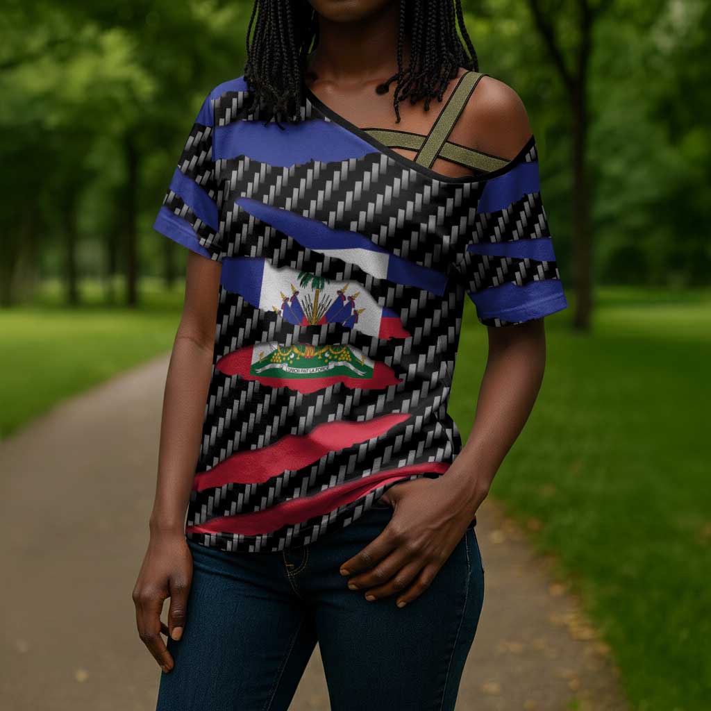 Black Haitians Beast Cross Shoulder Shirt Ripped Flag Graphic