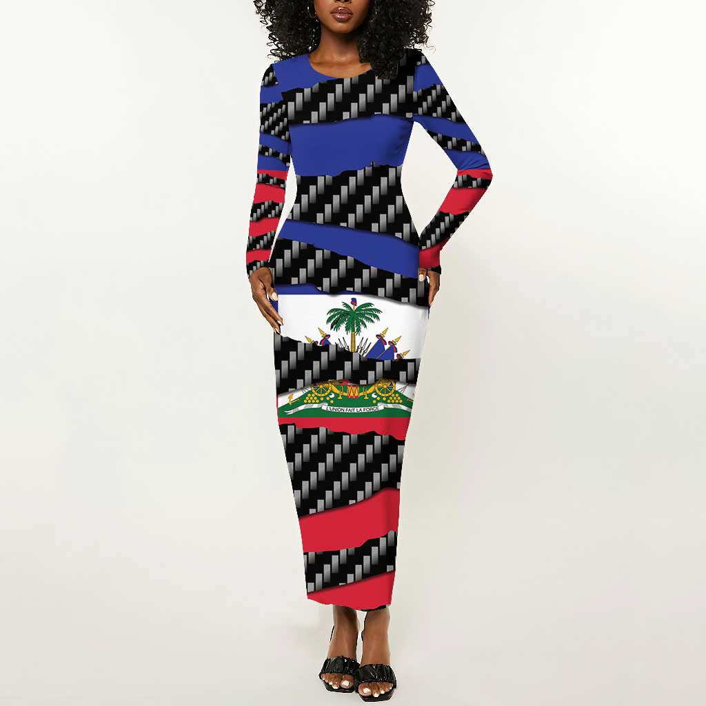 Black Haitians Beast Long Sleeve Bodycon Dress Ripped Flag Graphic - African Pride