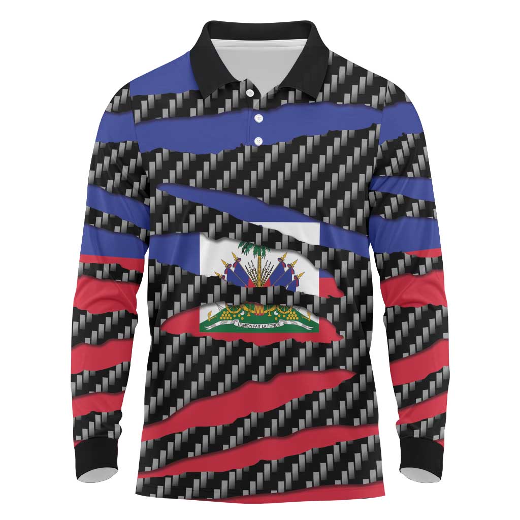 Black Haitians Beast Long Sleeve Polo Shirt Ripped Flag Graphic - African Pride
