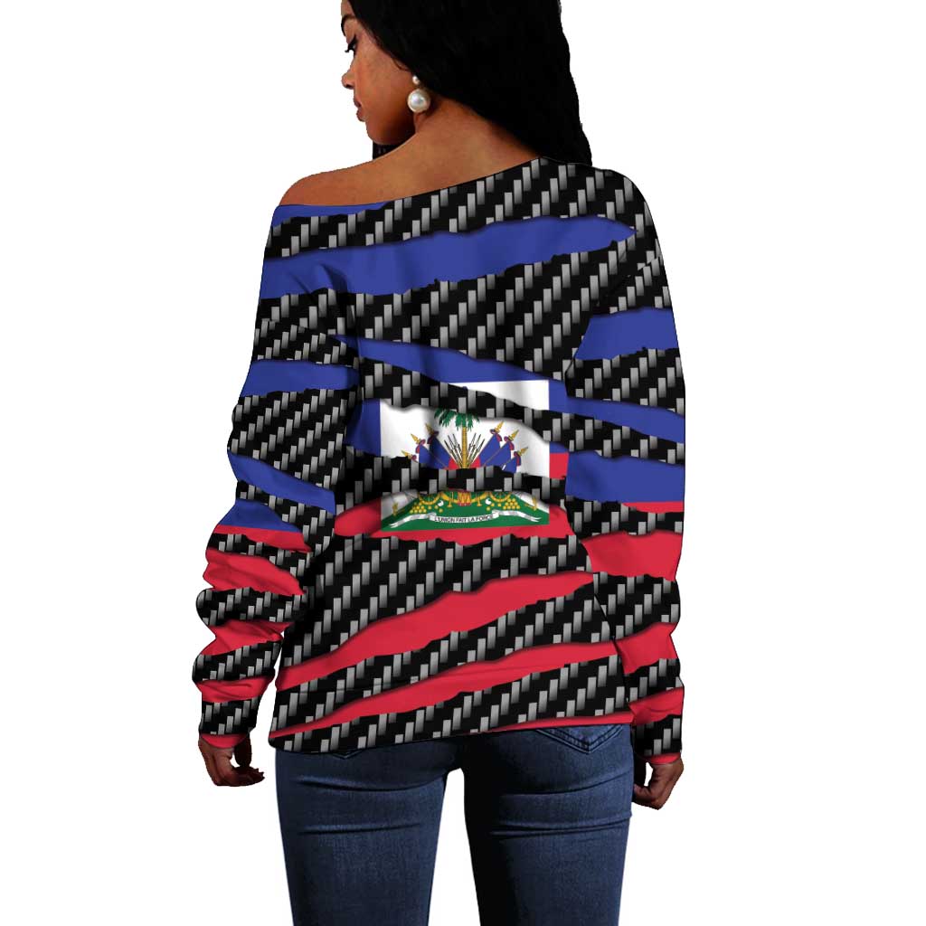 Black Haitians Beast Off Shoulder Sweater Ripped Flag Graphic - African Pride
