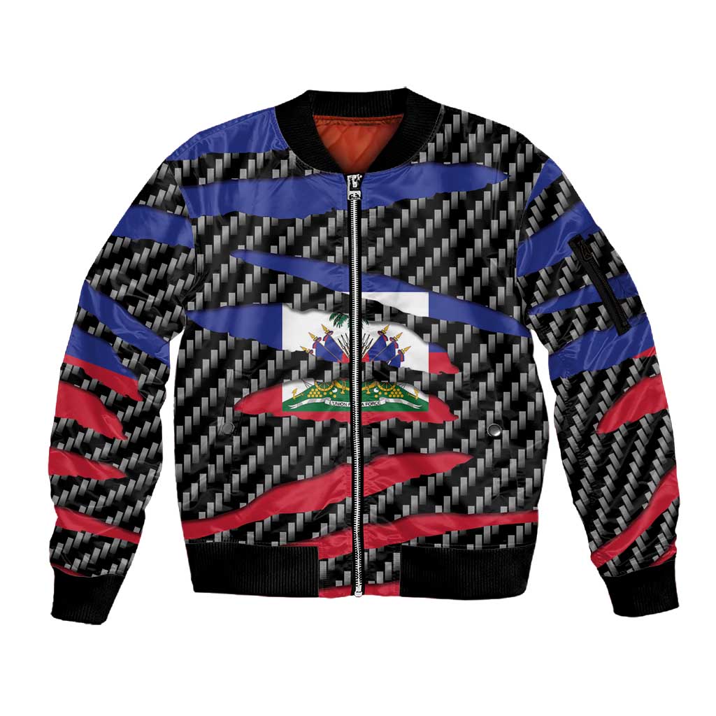 Black Haitians Beast Sleeve Zip Bomber Jacket Ripped Flag Graphic - African Pride