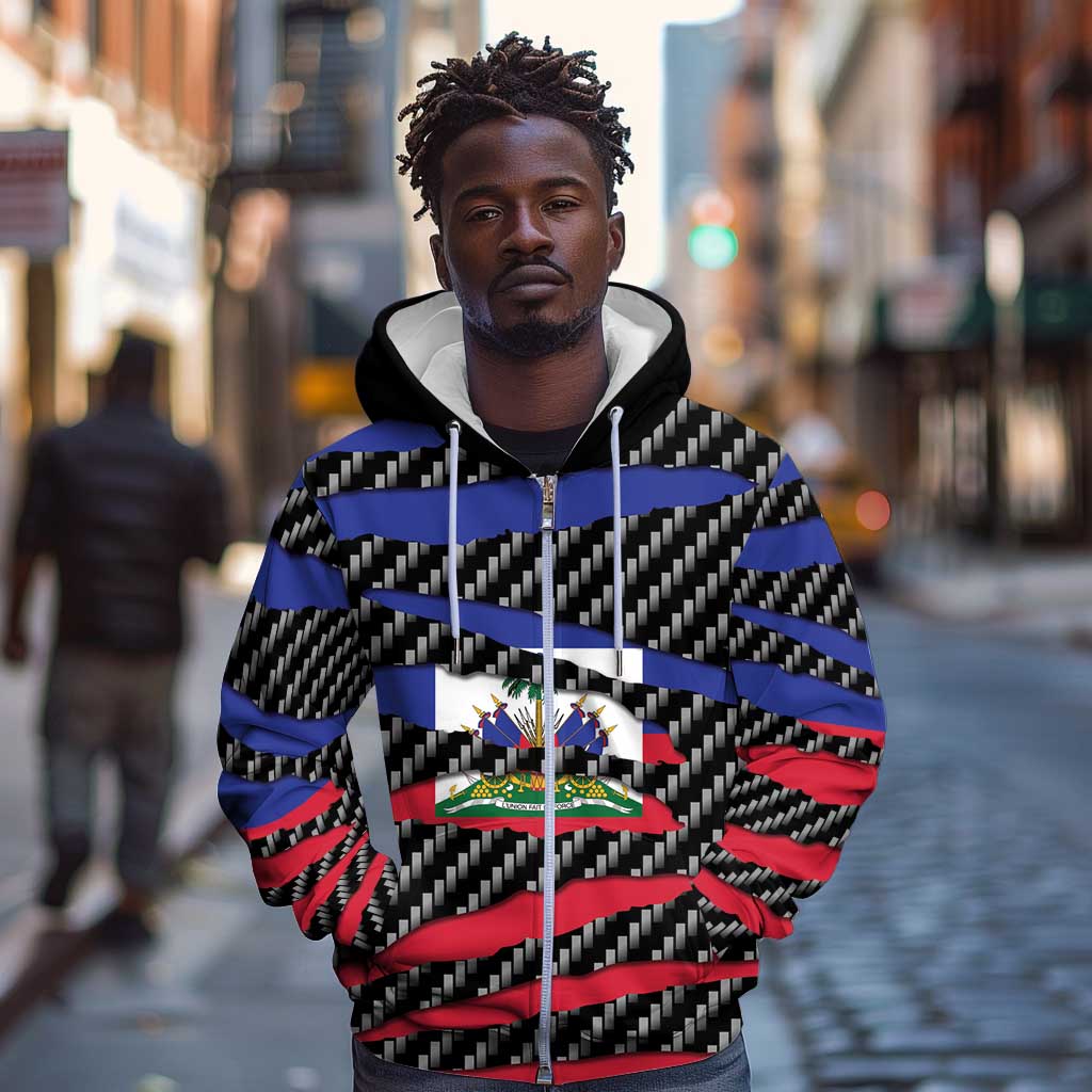 Black Haitians Beast Zip Hoodie Ripped Flag Graphic - African Pride